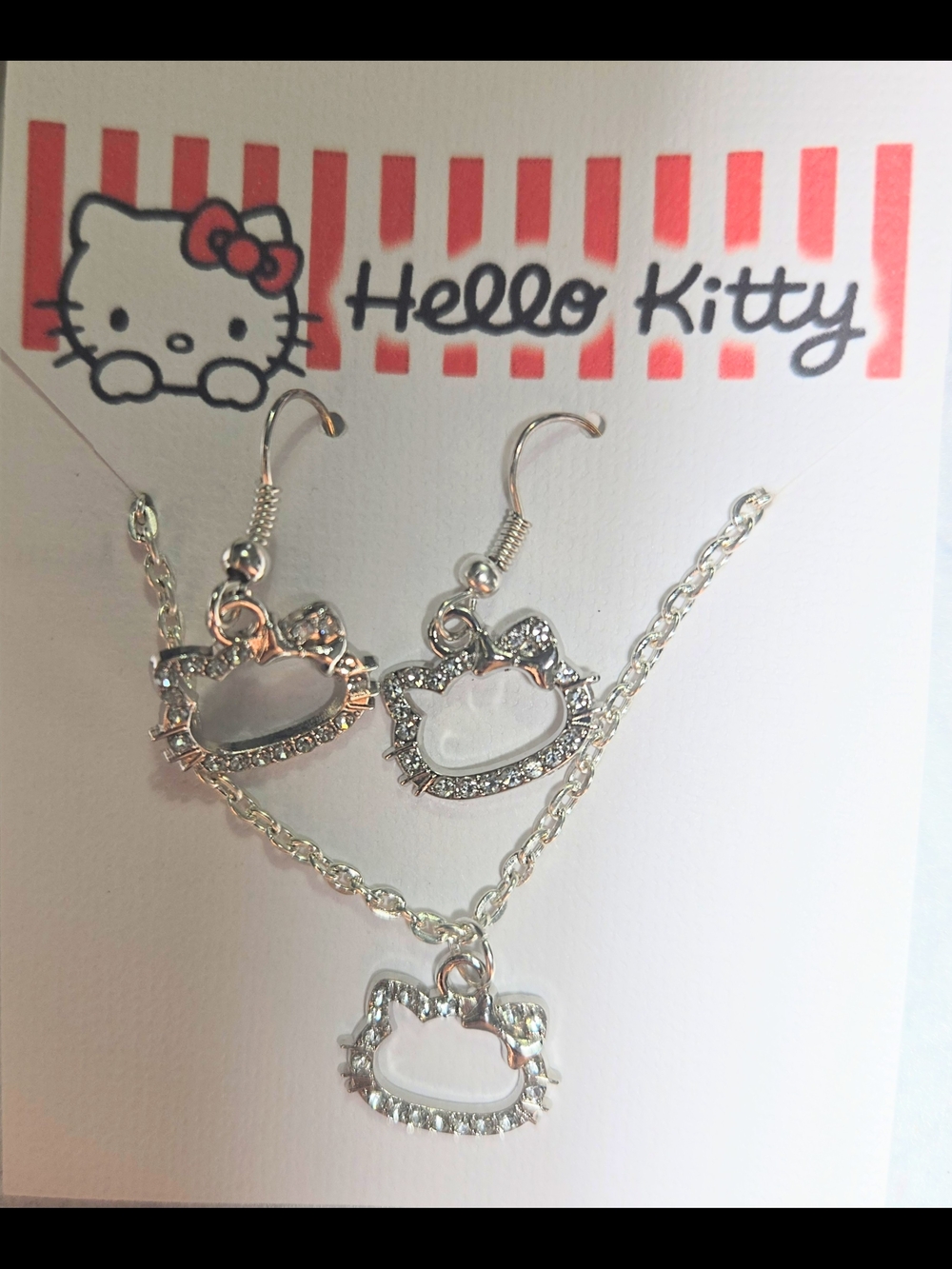 Hello Kitty Silver Rhinestones Charms  Necklace & Earring Set Jewelry